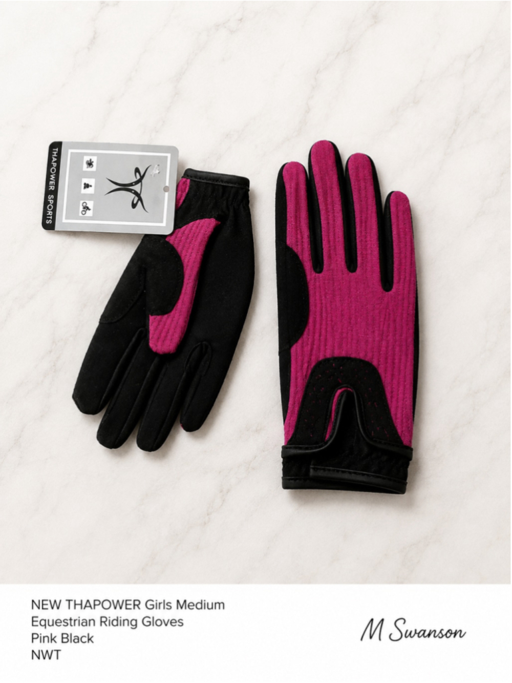 NEW THAPOWER Girls Medium Equestrian Riding Gloves Pink Black NWT